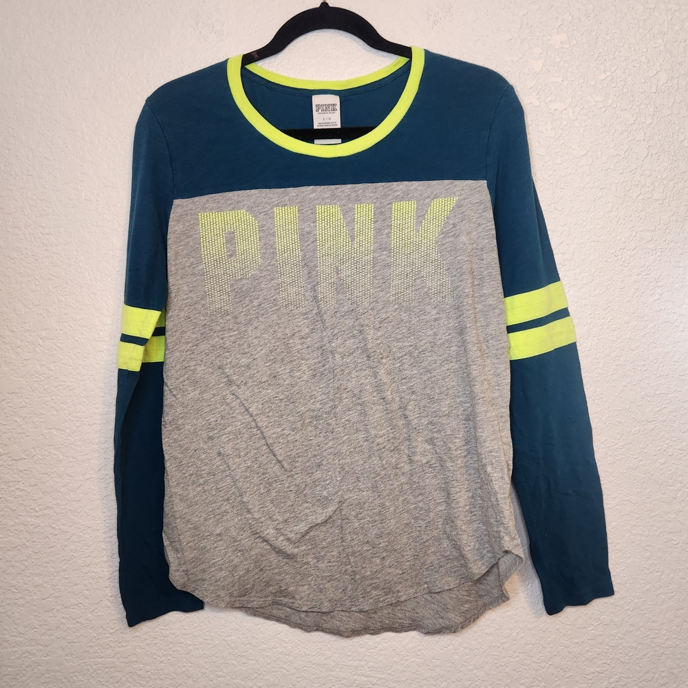 Victoria Secret PINK Women's Long Sleeve Top with Varsity Sleeve Stripes Sz L